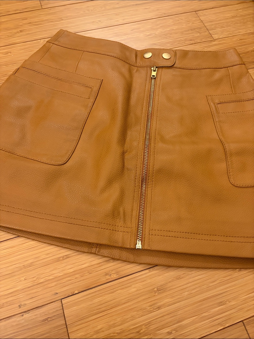 Free People Cognac Brown Front-Zip Leather Mini Skirt